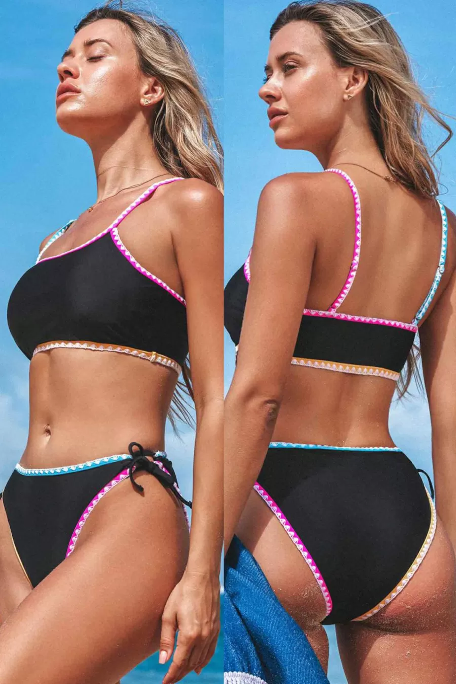 Cupshe Bikini*Bikini à Col Asymétrique Avec Bas Effronté à Blocs De Couleur Noir