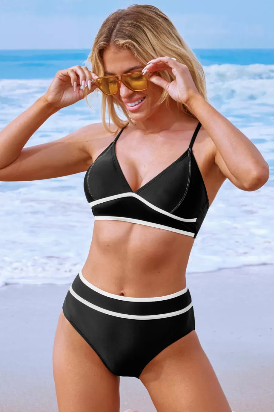 Cupshe Bikini | Taille Haute*Bikini à Dos Croisé à Passepoils Contrastés Noir