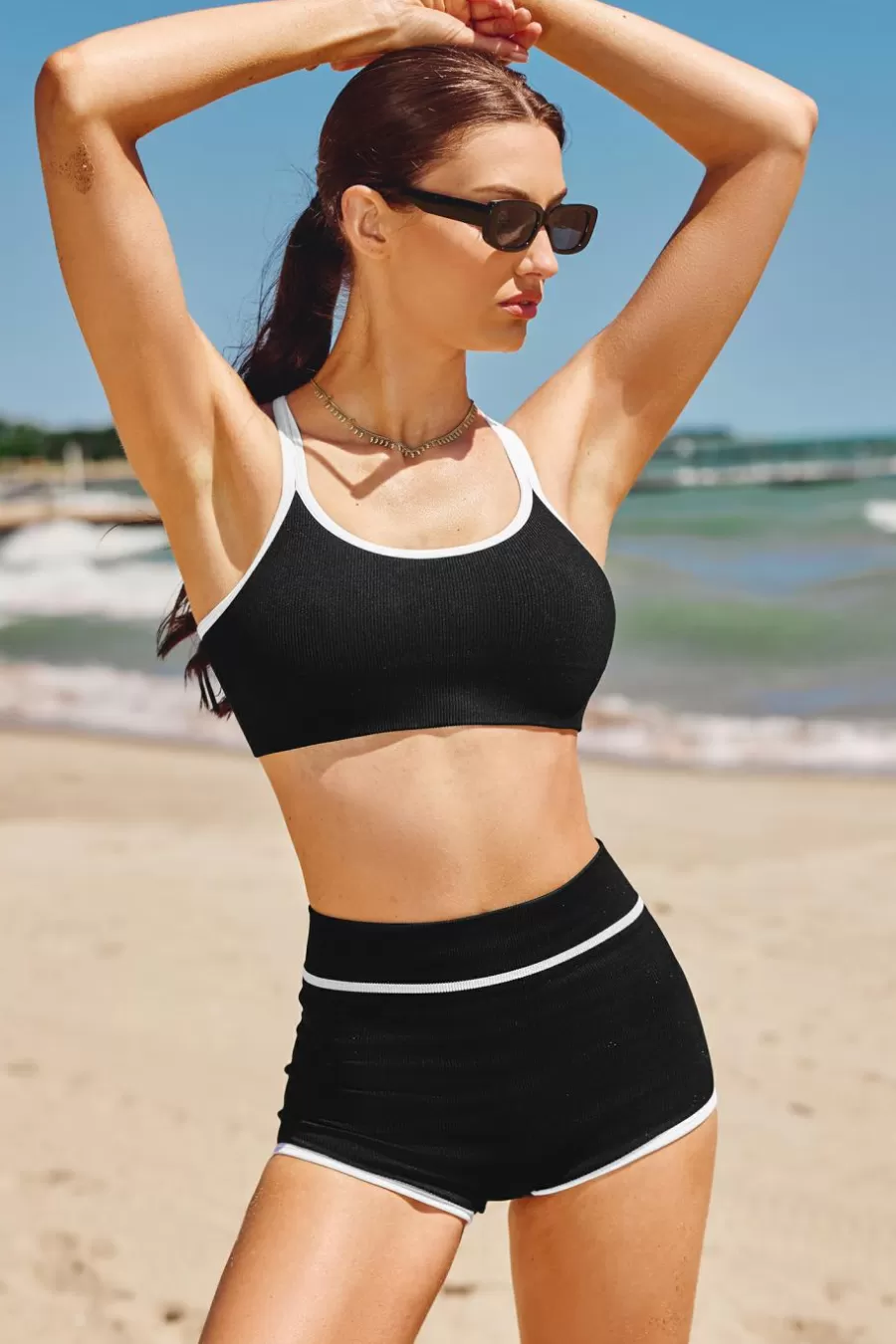 Cupshe Bikini*Bikini à Garniture Contrastée Et Short De Bain Sans Couture Noir