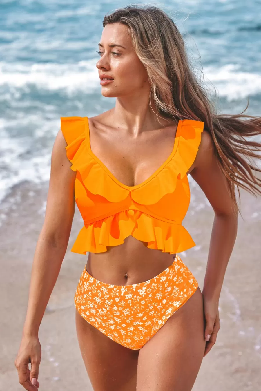 Cupshe Maillot 1 Pièce | Bikini*Bikini à Volants Avec Bas Standard à Fleurs Orange