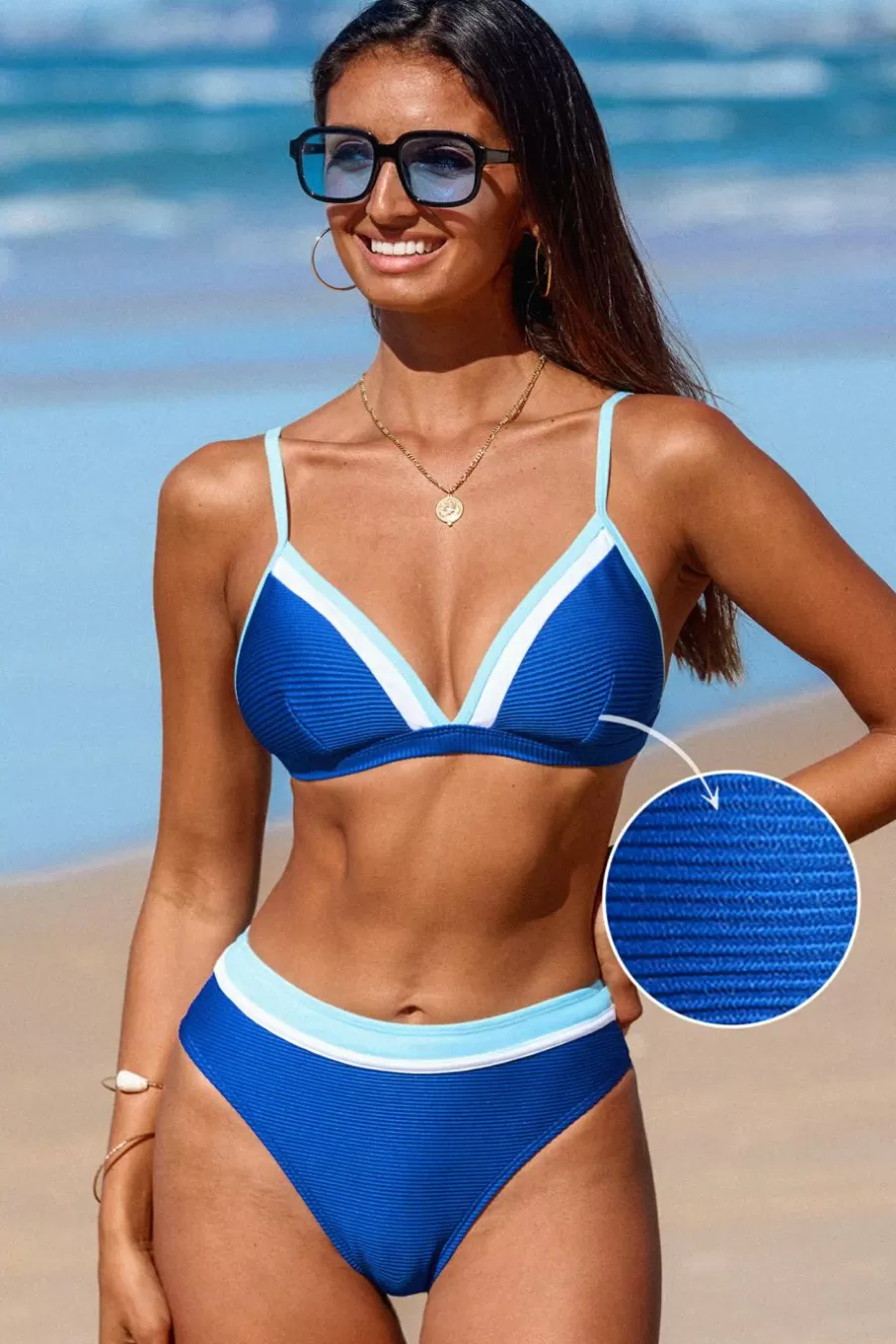 Cupshe Bikini*Bikini Avec Col En V Côtelé à Bloc De Couleur Effronté Bleu royal