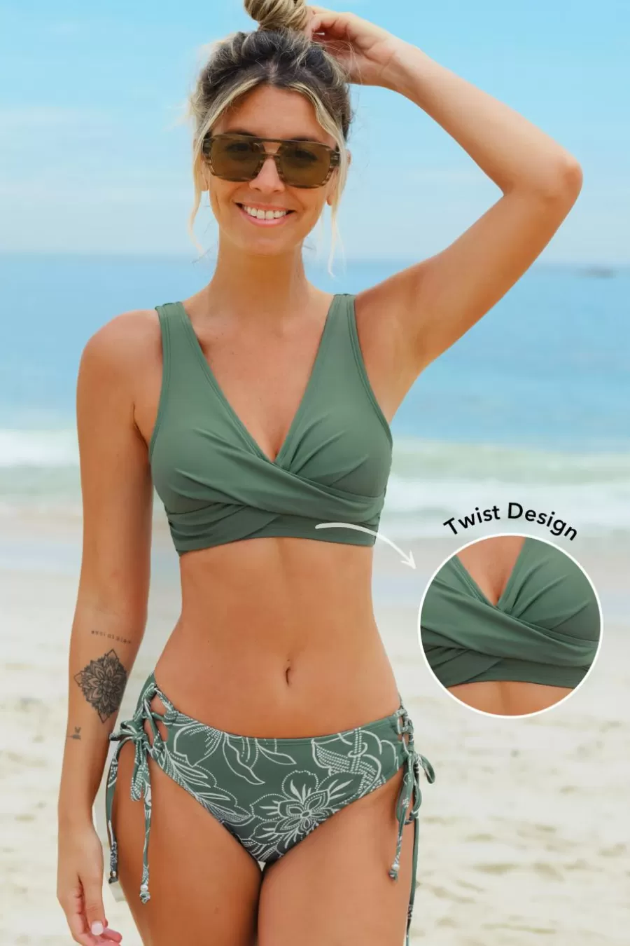 Cupshe Bikini | Taille Haute*Bikini Bralette Floral à Nouer Dans Le Dos Et Sur Les Côtés Vert