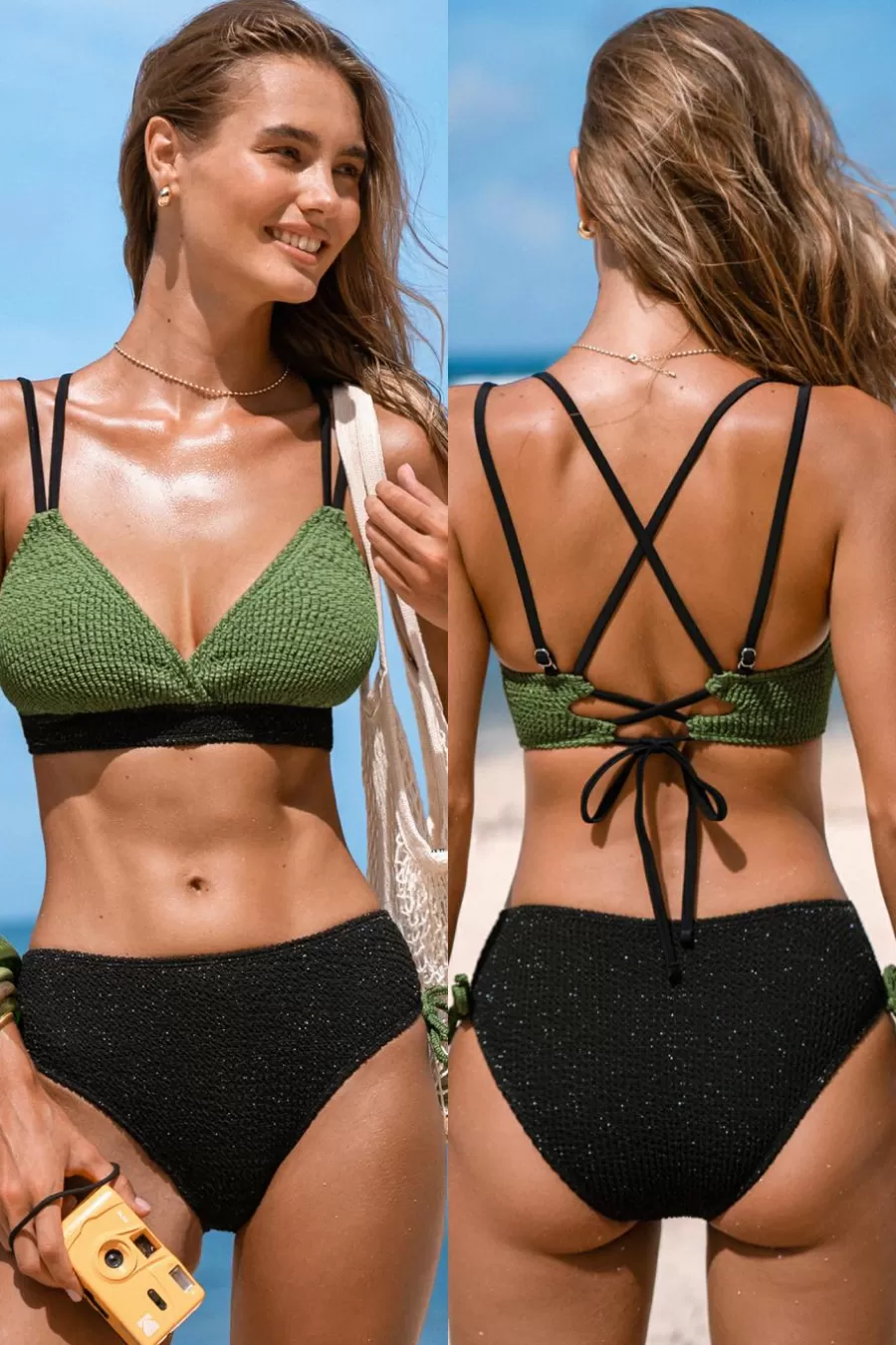 Cupshe Bikini*Bikini Croisé à Surplis Avec Bas à Taille Haute Blocs De Couleur Herbe