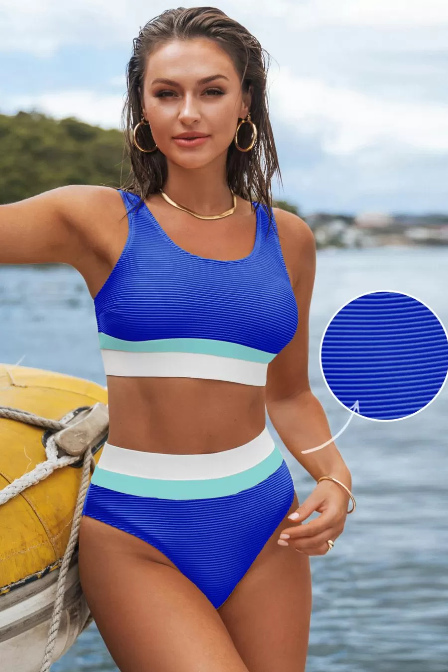 Cupshe Bikini | Taille Haute*Bikini Taille Haute à Bande Et à Bloc De Couleur Bleu Bleu royal