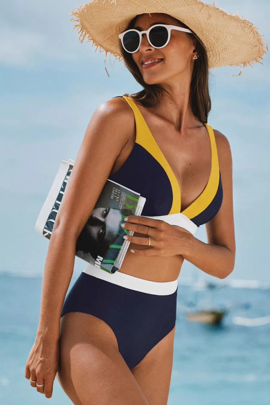 Cupshe Bikini*Bikini Taille Haute à Col V Et Bas Bande Marine sombre