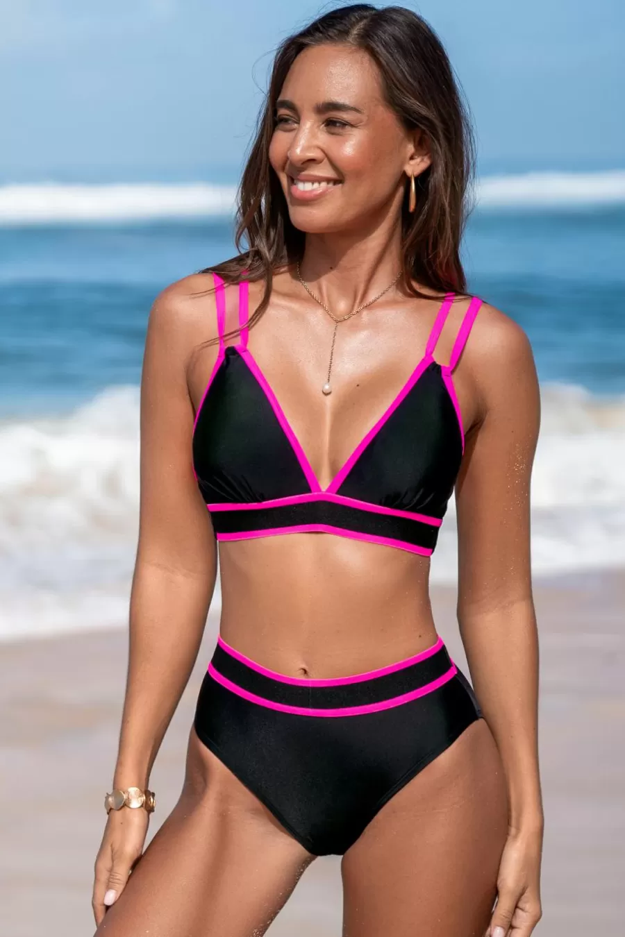 Cupshe Bikini | Taille Haute*Bikini Taille Haute à Lanières Et Bloc De Couleur Noir