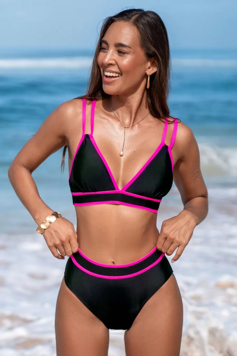 Cupshe Bikini | Taille Haute*Bikini Taille Haute à Lanières Et Bloc De Couleur Noir