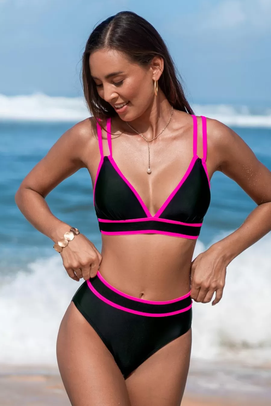 Cupshe Bikini | Taille Haute*Bikini Taille Haute à Lanières Et Bloc De Couleur Noir