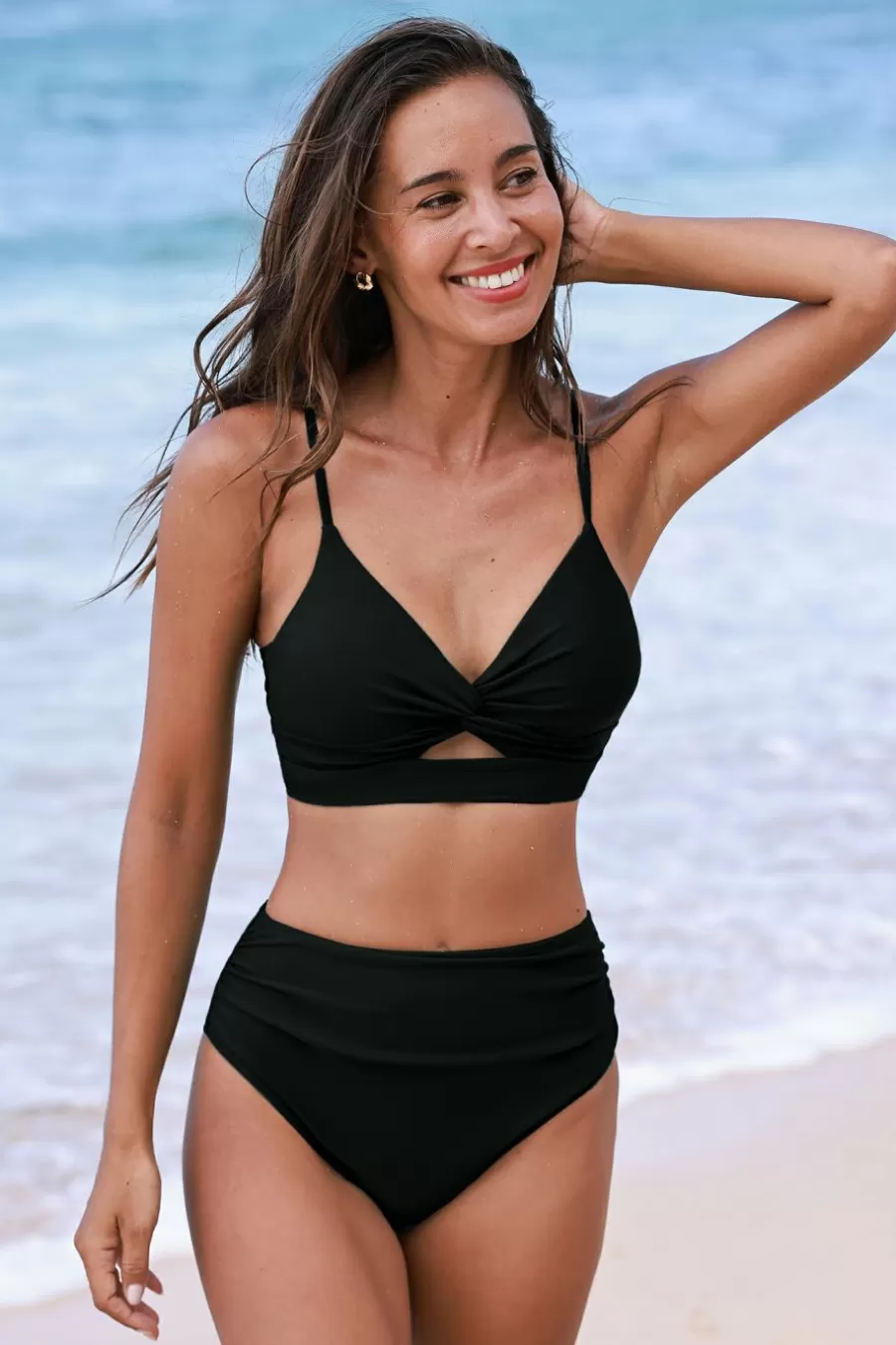 Cupshe Bikini | Taille Haute*Bikini Torsadé Et Bas Ruché Noir