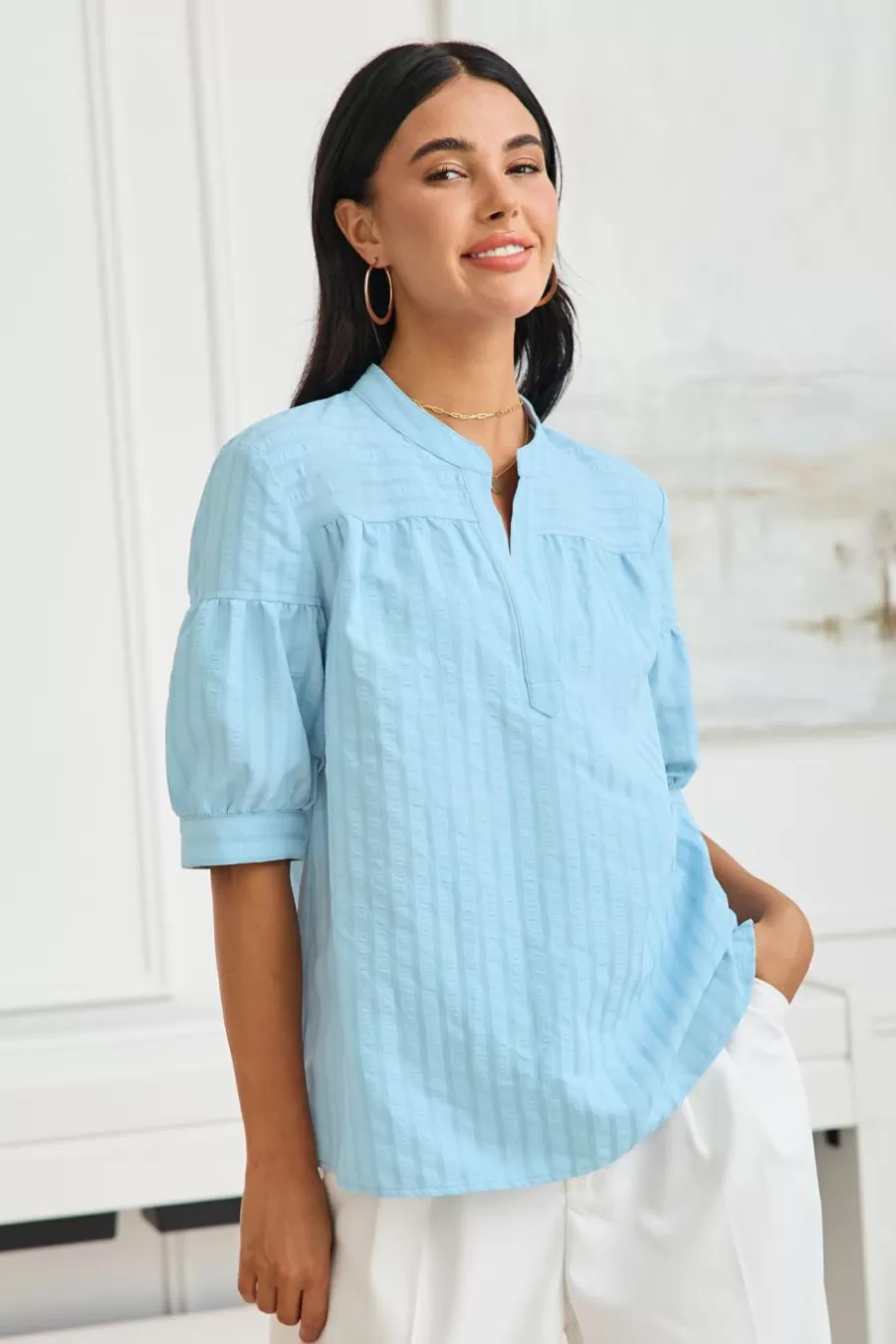 Cupshe Chemise & Blouse*Blouse à Manches Bouffantes Et Rayures Ton Sur Ton e Bleu