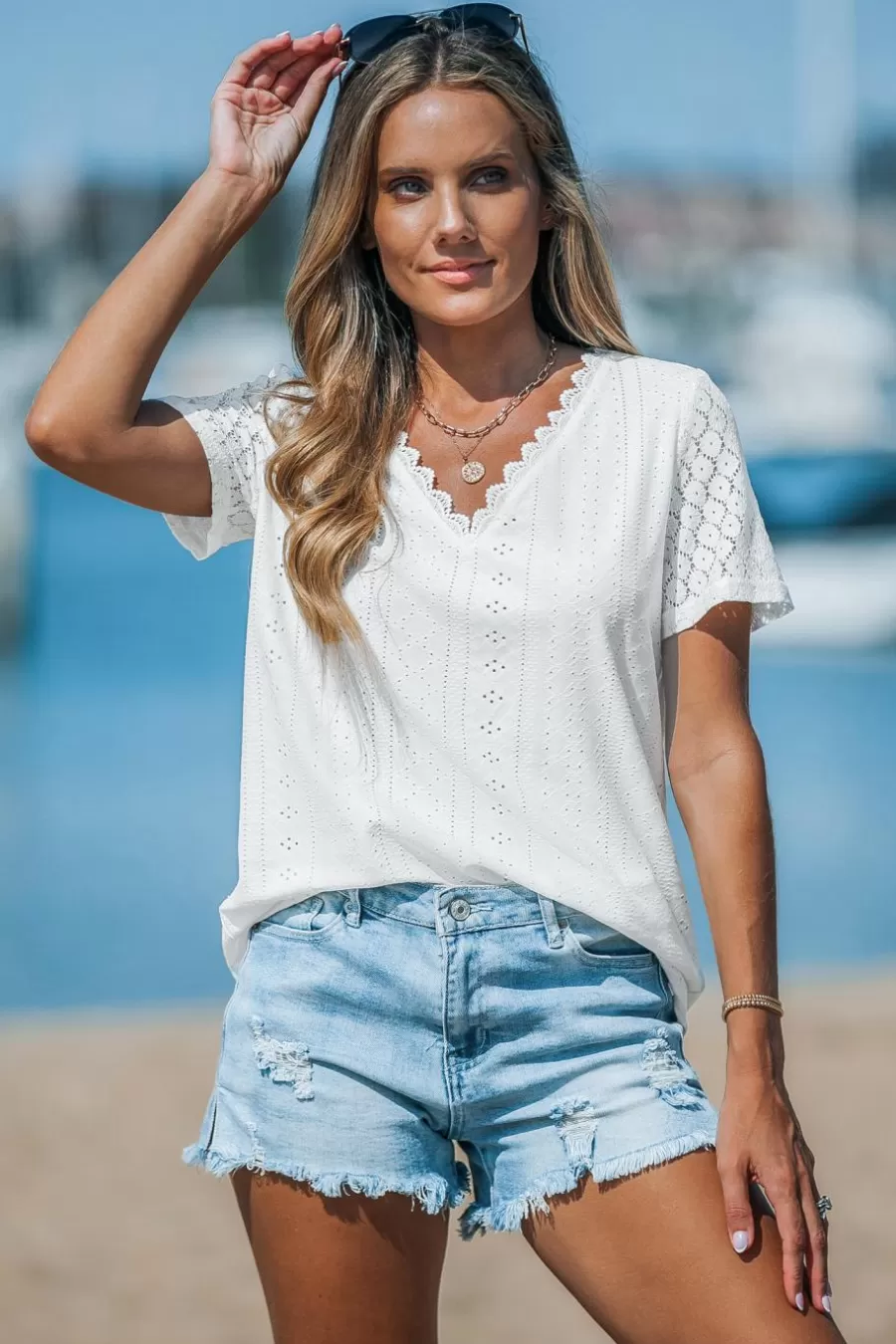 Cupshe T-Shirt & Débardeur | Chemise & Blouse*Blouse à Manches Courtes En Dentelle à œillets he Blanc