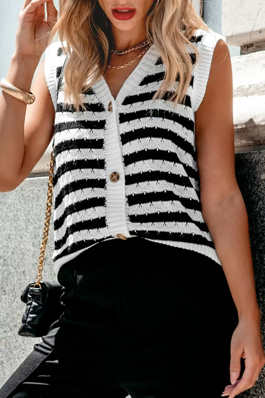 Cupshe Cardigan | Bikini*Cardigan à Boutons Et Col En V Avec Rayures Noires Et hes Blanc