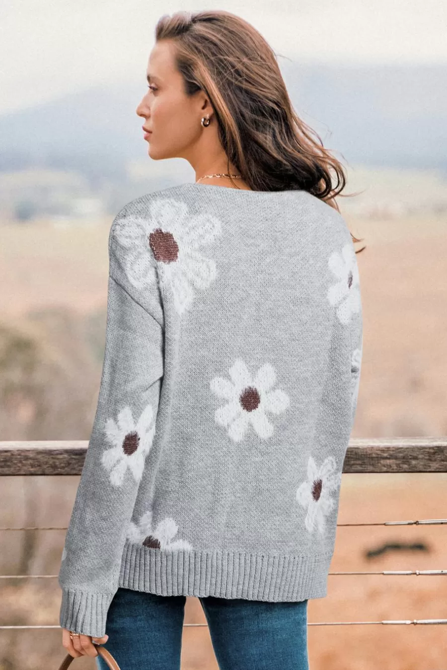 Cupshe Cardigan | Pulls & Gilets*Cardigan à Boutons Sur Le Devant En Tricot Avec Fleurs Gris