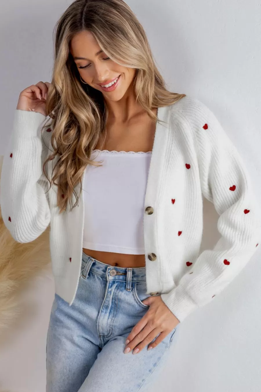 Cupshe Cardigan | Maillot 1 Pièce*Cardigan à Manches Longues Et Col En V Avec Imprimé Cœur Blanc