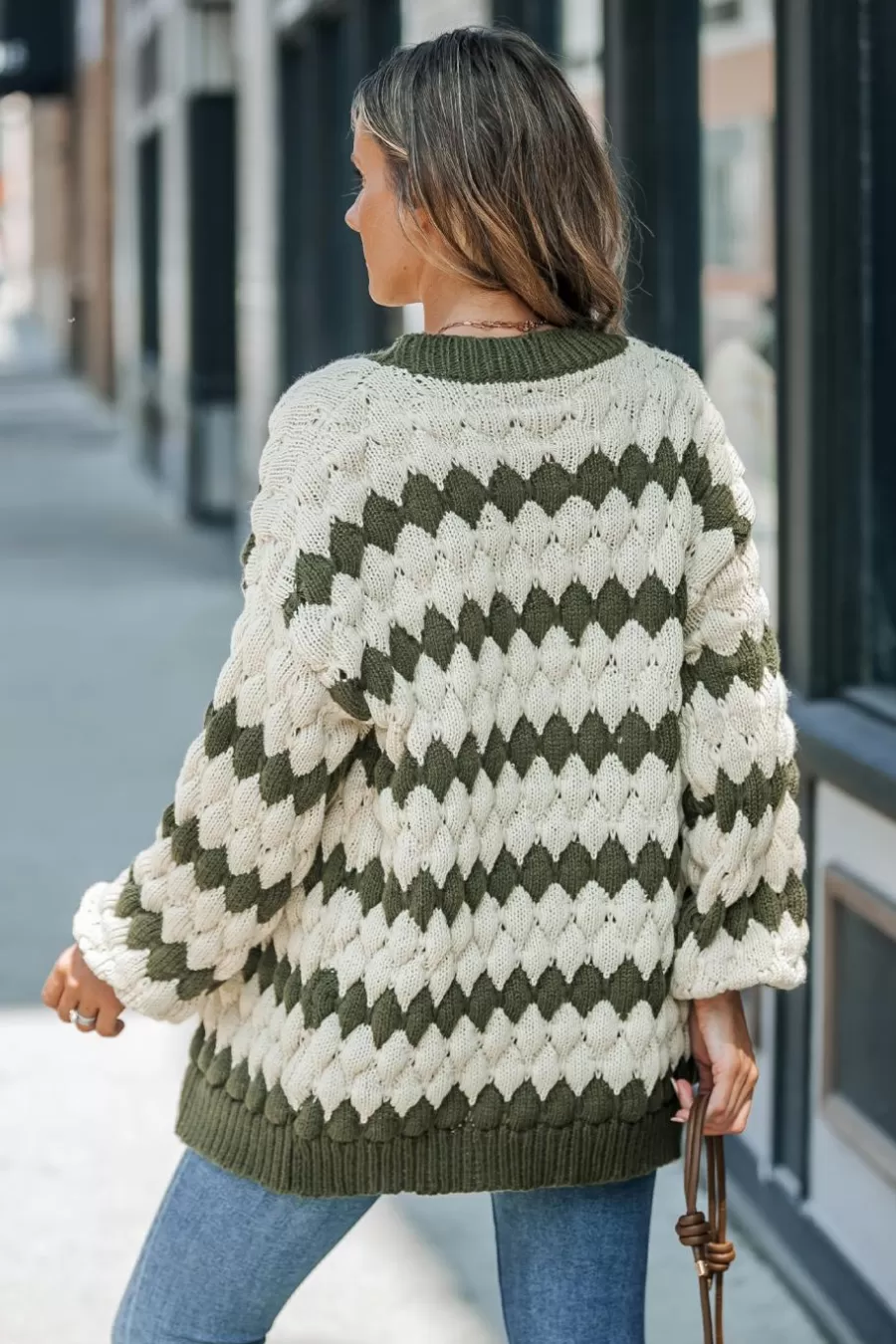 Cupshe Cardigan | Pulls & Gilets*Cardigan à Rayures En Tricot Ouvert Et Manches Bouffantes Eucalyptus