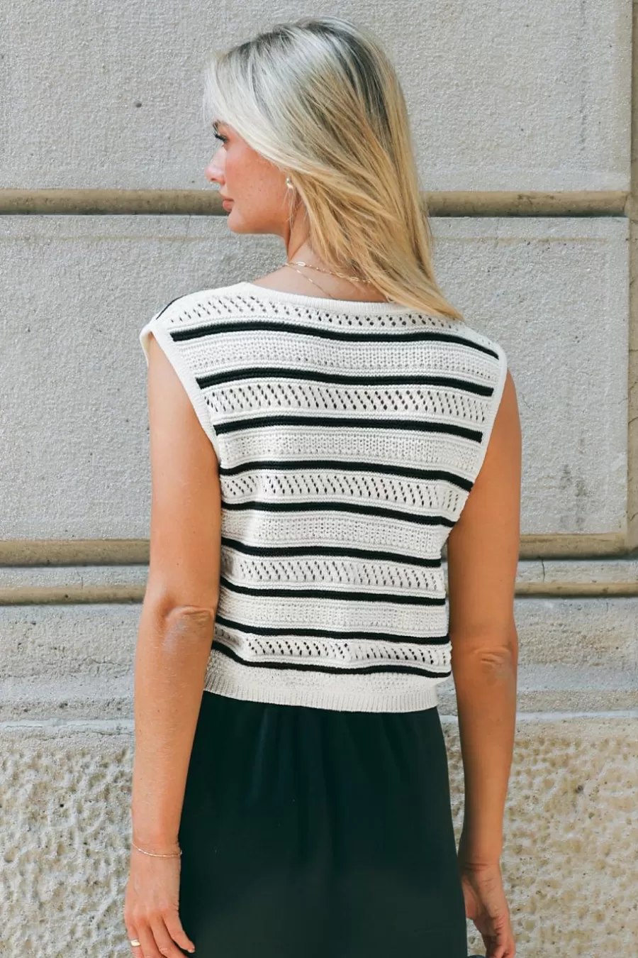 Cupshe Cardigan | Pulls & Gilets*Cardigan à Rayures Et Col En V Sans Manches En Tricot Blanc Cassé/Ivoire