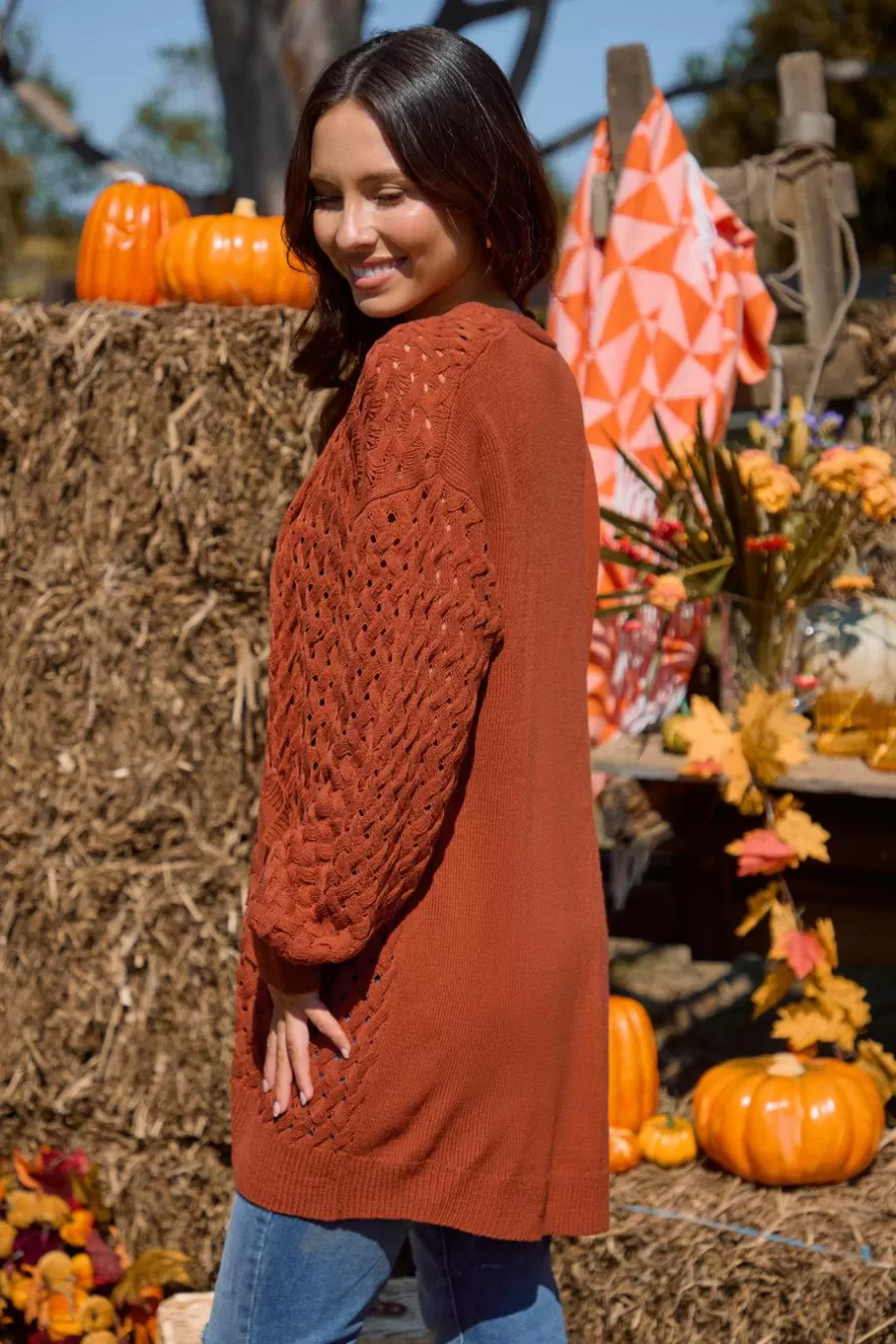 Cupshe Cardigan | Pulls & Gilets*Cardigan Long Ouvert Au Devant à Poches En Patch Orange Brûlé Orange/Jaune