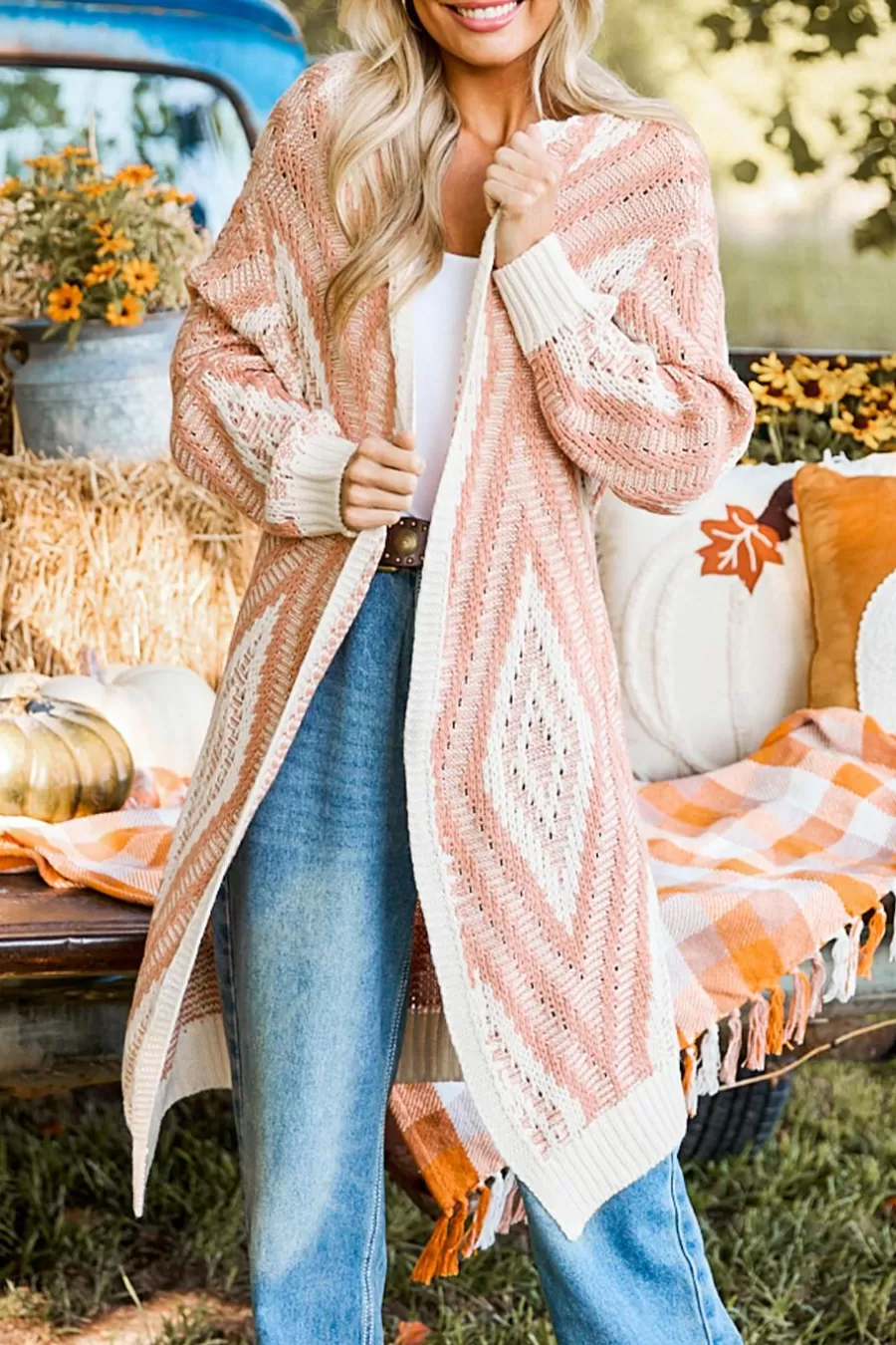 Cupshe Cardigan | Pulls & Gilets*Cardigan Long Ouvert Sur Le Devant Géométrique Salmon Saumon