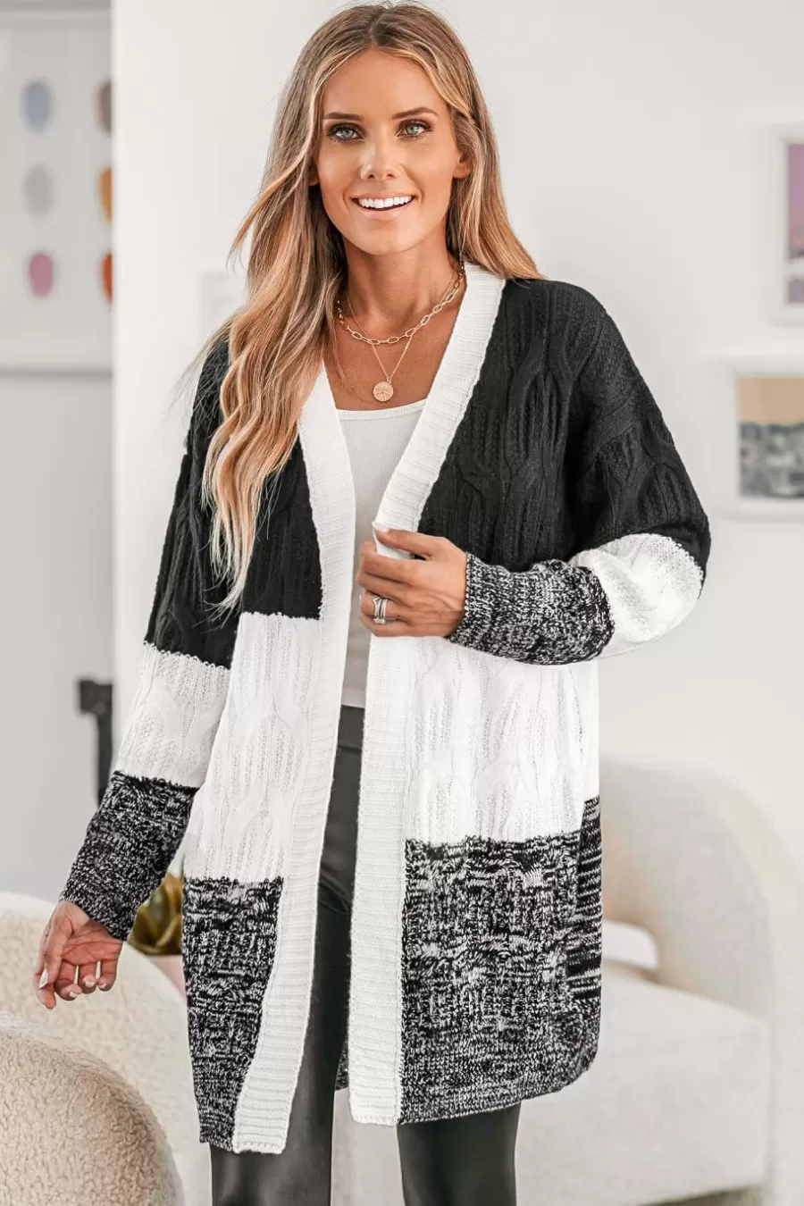 Cupshe Cardigan | Pulls & Gilets*Cardigan Ouvert Classique Et Douillet à Blocs De Couleurs Noir