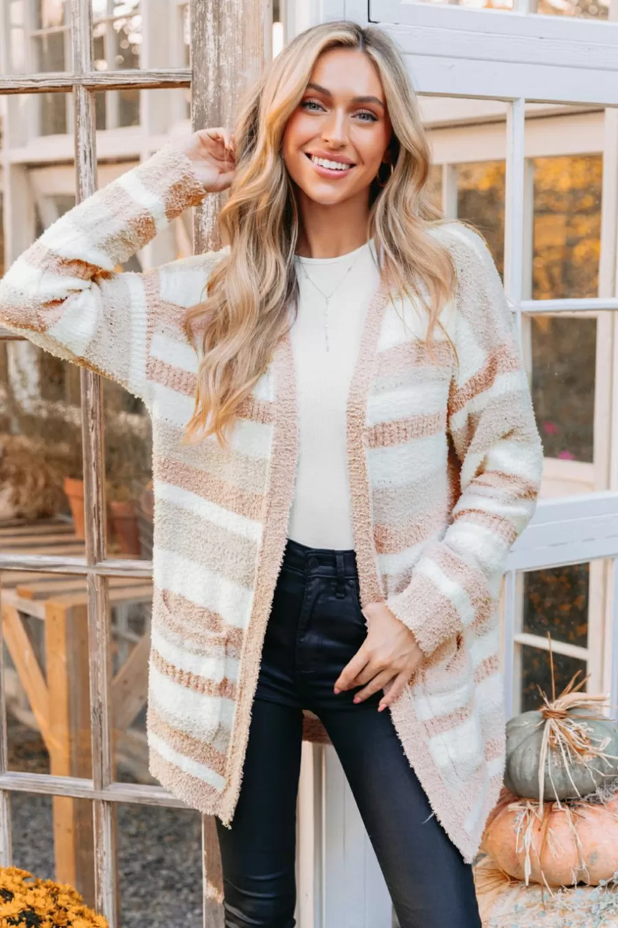 Cupshe Cardigan | Pulls & Gilets*Cardigan Ouvert Sur Le Devant Tricot Duveteux à Rayures Rose