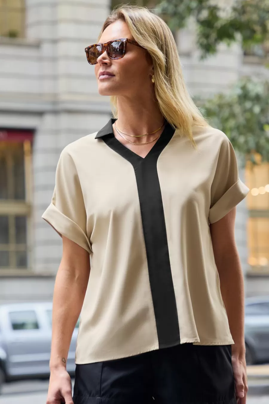 Cupshe T-Shirt & Débardeur | Chemise & Blouse*Chemise à Bloc De Couleur Et Noir Kaki