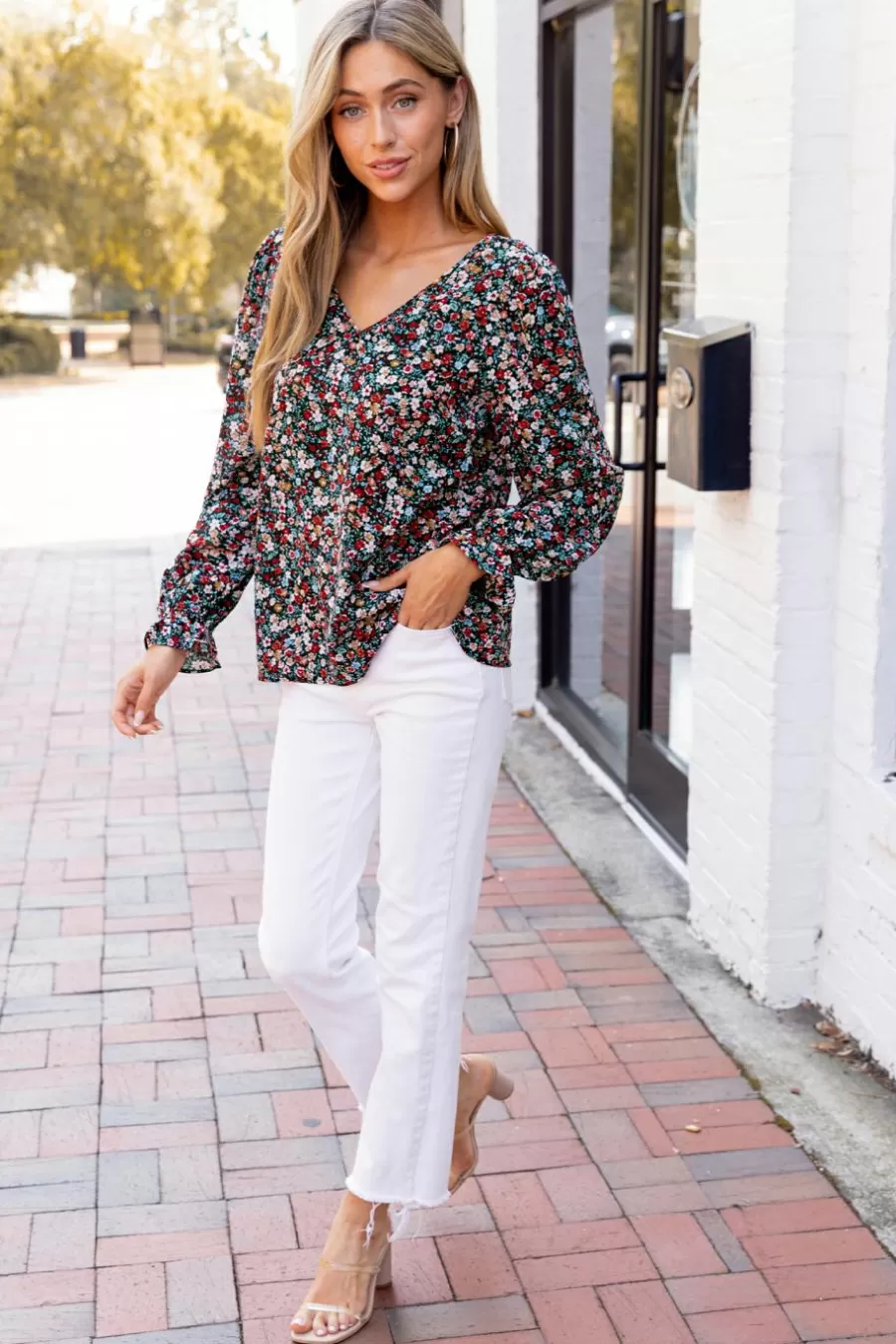 Cupshe T-Shirt & Débardeur | Chemise & Blouse*Chemise à Col En V Et Manches Bouffantes Avec Fleurs Rouge Noir
