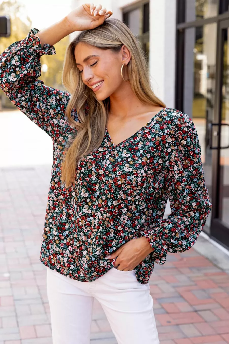Cupshe T-Shirt & Débardeur | Chemise & Blouse*Chemise à Col En V Et Manches Bouffantes Avec Fleurs Rouge Noir