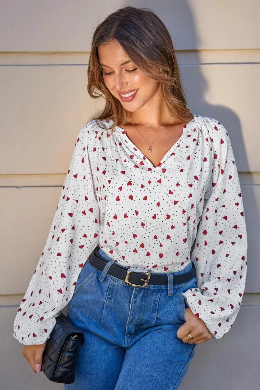 Cupshe T-Shirt & Débardeur | Chemise & Blouse*Chemise à Col Fendu Et Manches Longues Bouffantes à Cœur Blanc