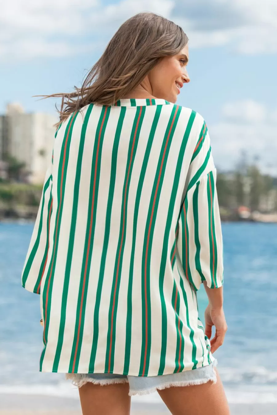 Cupshe T-Shirt & Débardeur | Chemise & Blouse*Chemise à Demi Manches Et Poches Oversize Avec Rayures icales Vert