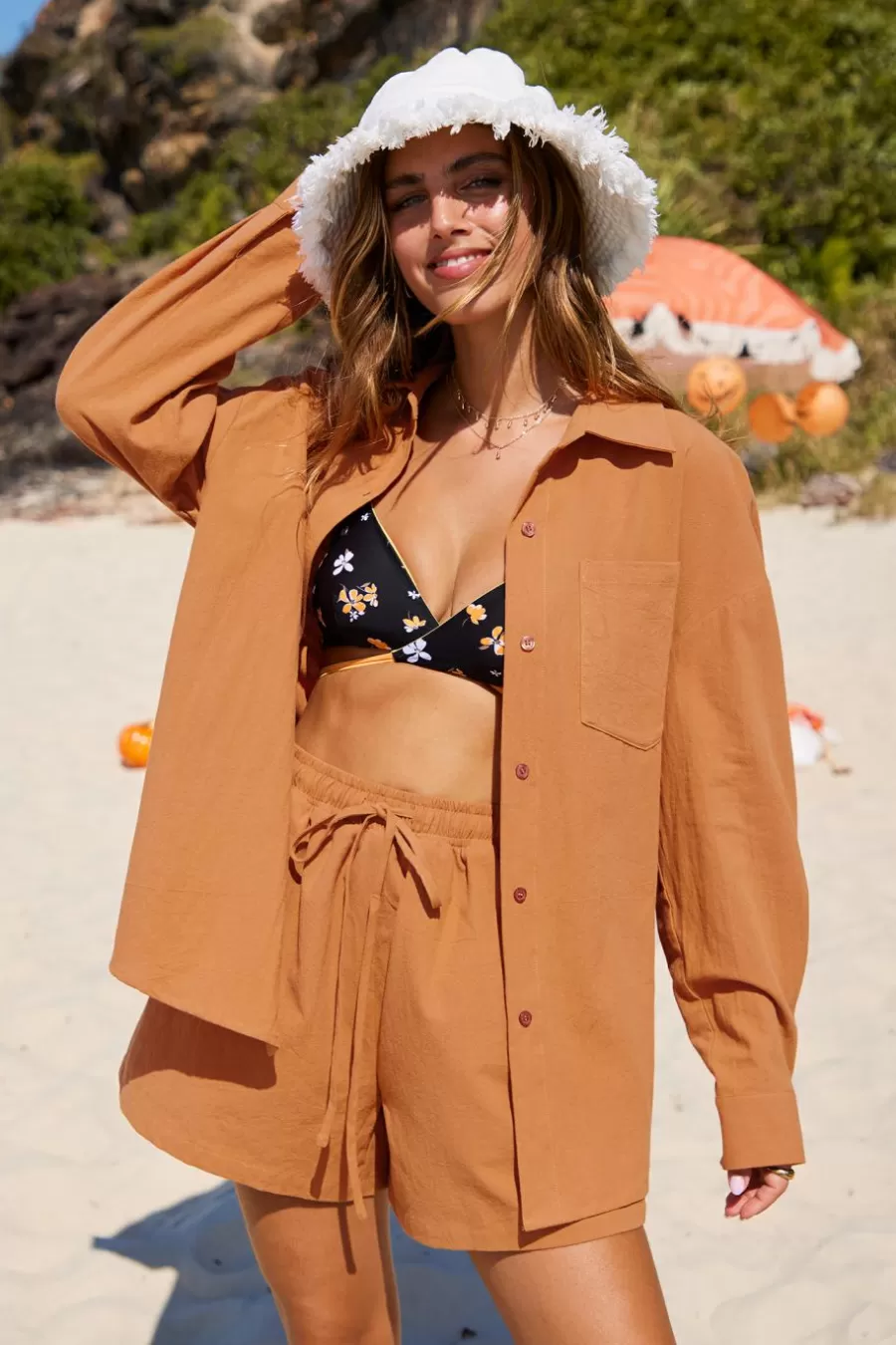 Cupshe Maillot 1 Pièce | Manteau & Veste*Chemise à Manches Longues Avec Short à Jambes Larges Orange Orange/Jaune