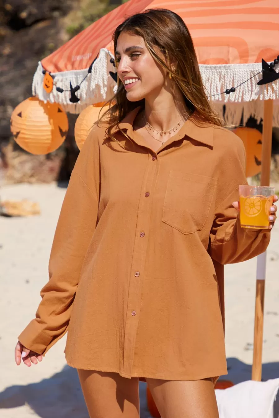Cupshe Maillot 1 Pièce | Manteau & Veste*Chemise à Manches Longues Avec Short à Jambes Larges Orange Orange/Jaune