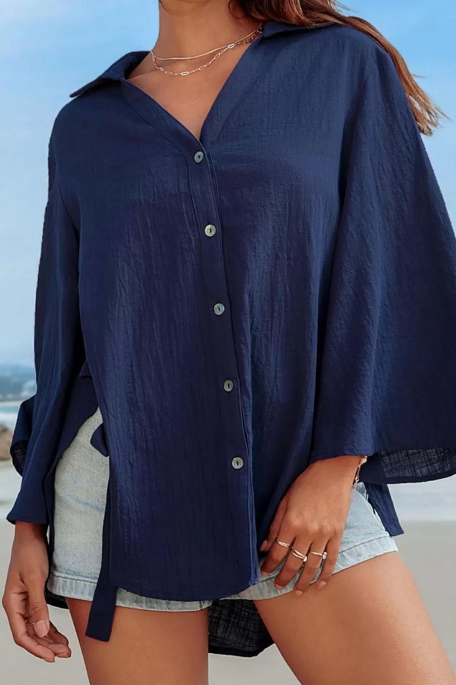 Cupshe Chemise & Blouse*Chemise à Manches évasées Et Nouer Sur Les Côtés Bleu marine