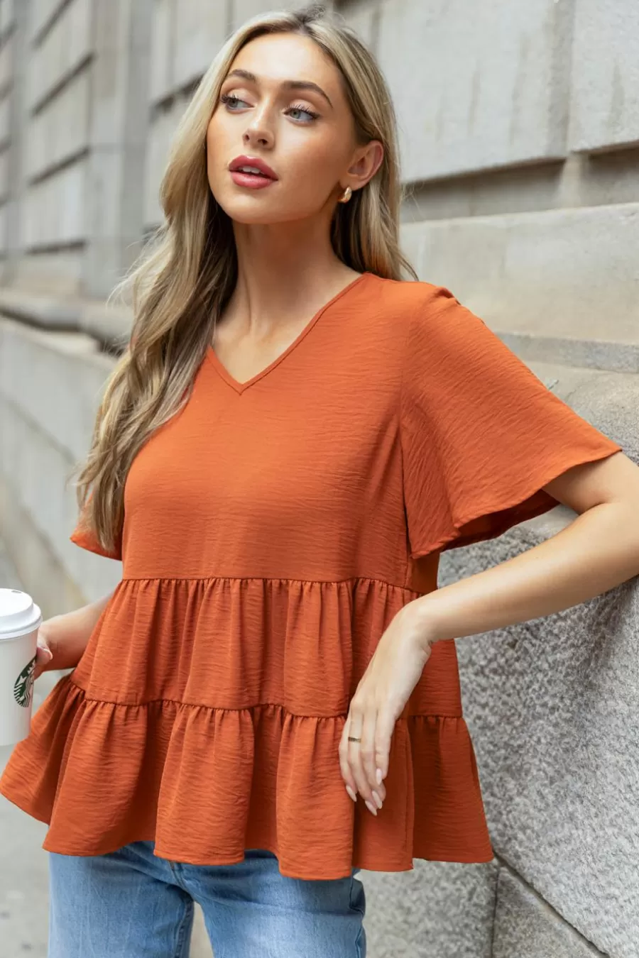 Cupshe T-Shirt & Débardeur | Chemise & Blouse*Chemise à Manches évasées Et Ourlet à Panneaux Orange Brûlée Orange/Jaune