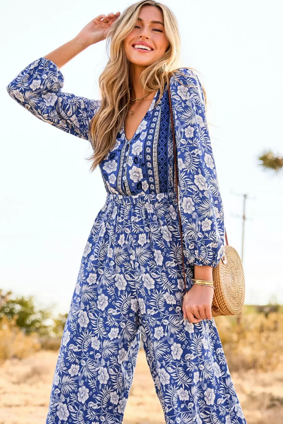 Cupshe Robe De Plage | Combinaison*Combinaison à Manches Longues Et Jambes Larges Avec Fleurs Bleu