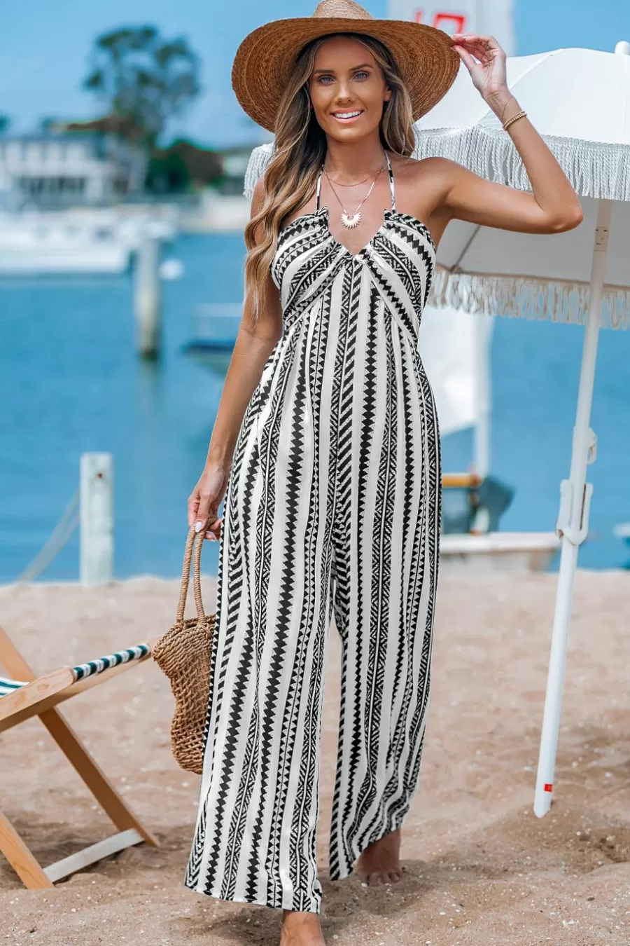 Cupshe Robe De Plage | Combinaison*Combinaison à Rayures à Dos Nu Et Jambes Larges Géométrique Noir