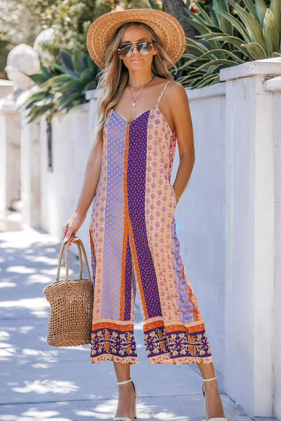 Cupshe Robe De Plage | Combinaison*Combinaison Sans Manches à Jambe Droite Patchwork Boho Bleu