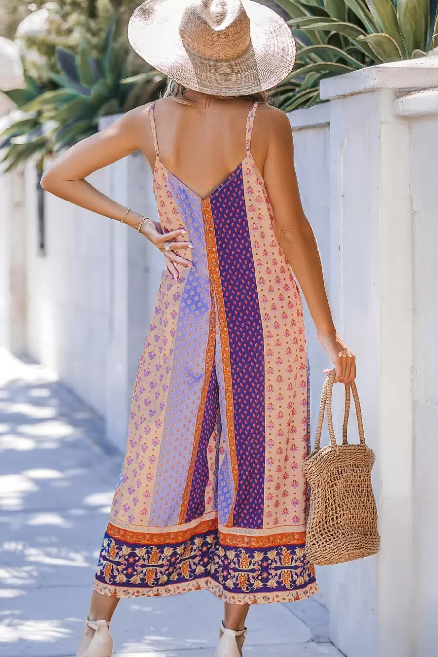 Cupshe Robe De Plage | Combinaison*Combinaison Sans Manches à Jambe Droite Patchwork Boho Bleu