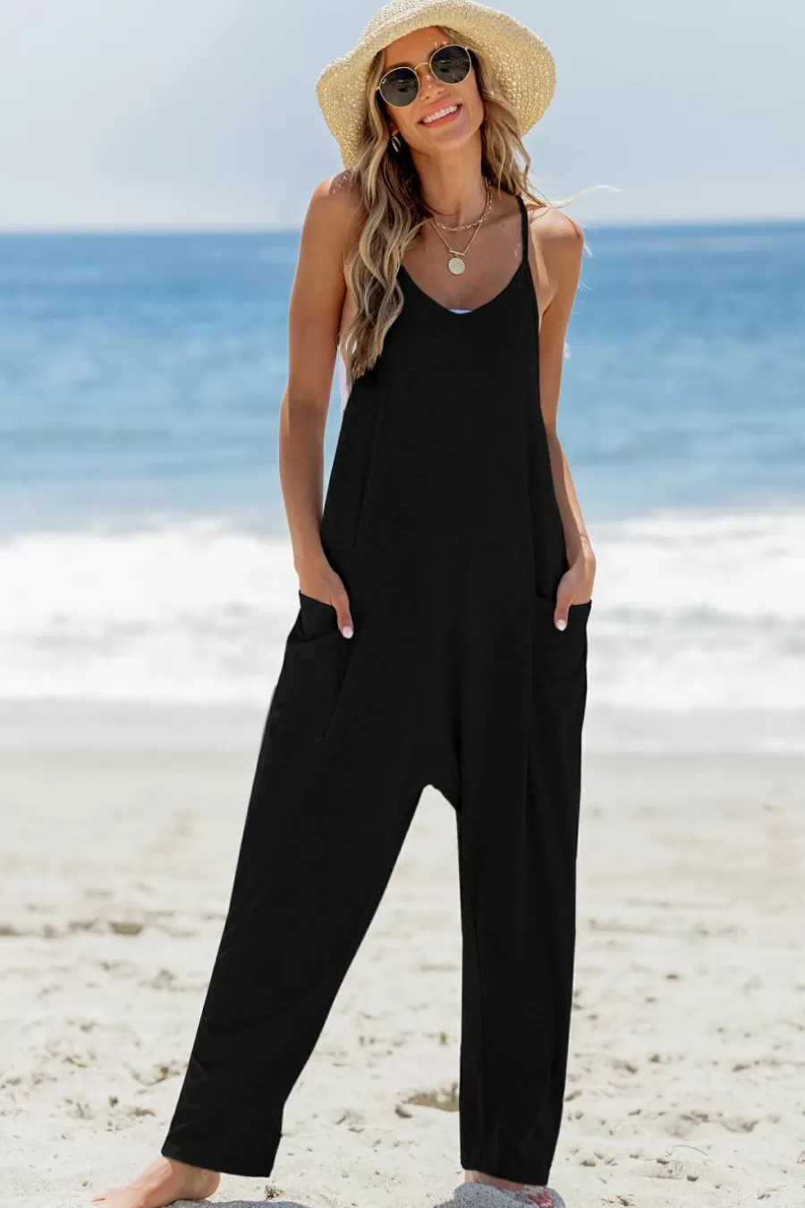 Cupshe Robe De Plage | Combinaison*Combinaison Sans Manches Avec Col Scoop Noir