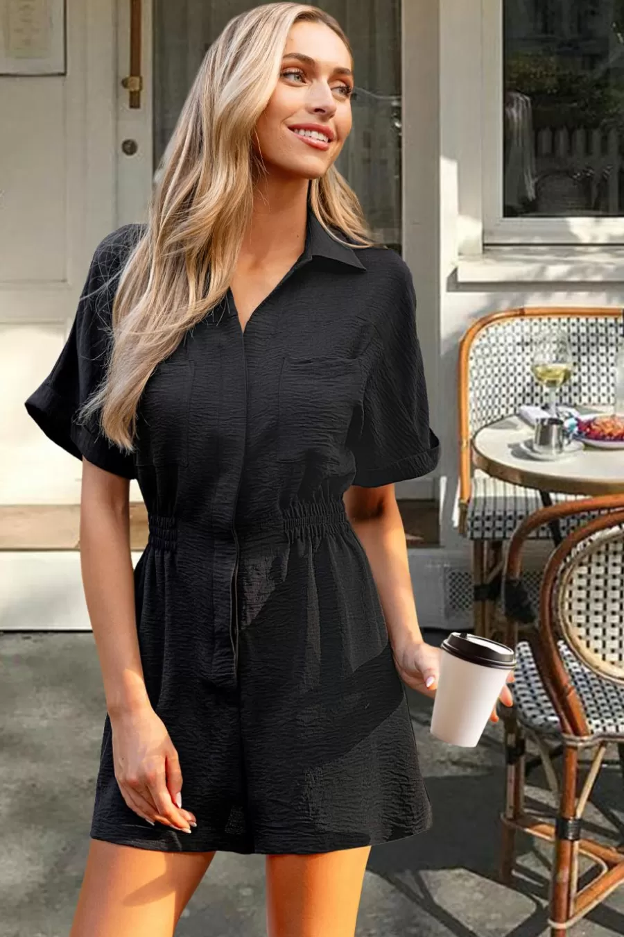 Cupshe Combinaison*Combishort à Col De Chemise Et Jambe Large Avec Manches Courtes Noir