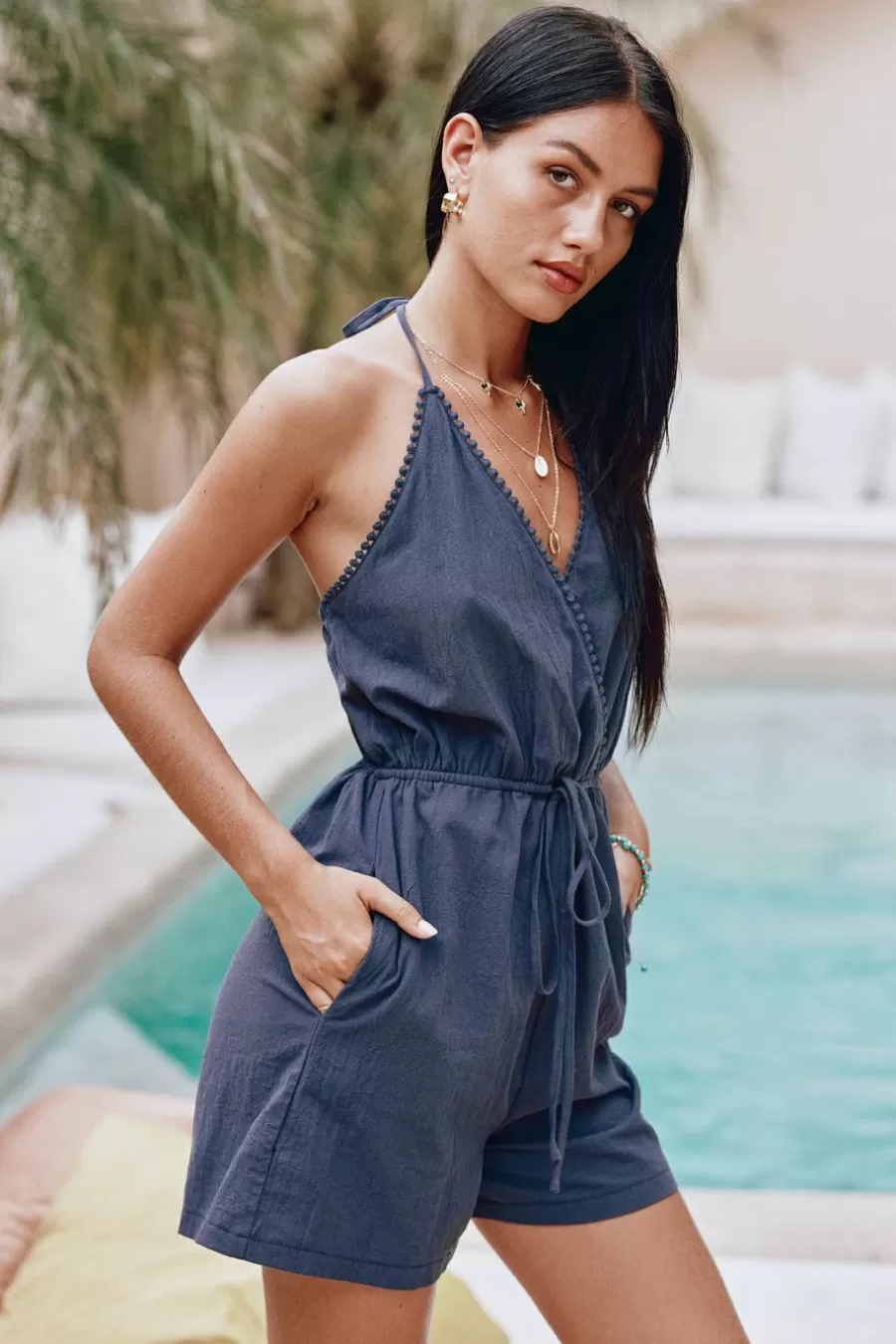 Cupshe Combinaison*Combishort En Pur Coton à Col Licou Et Bordures En Dentelle Marine sombre