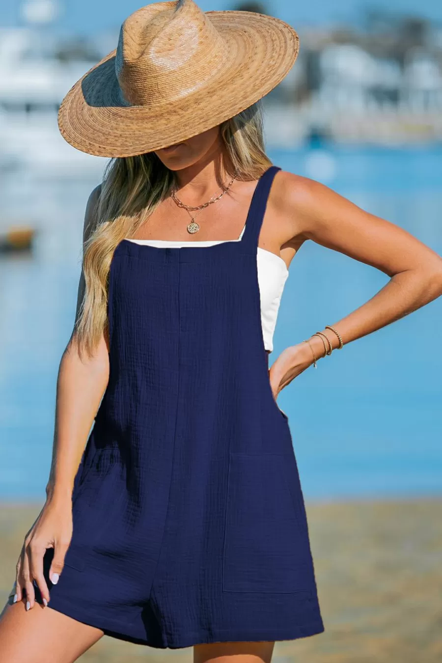 Cupshe Combinaison*Combishort En Pur Coton Sans Manches Avec Col Carré Bleu Bleu marine