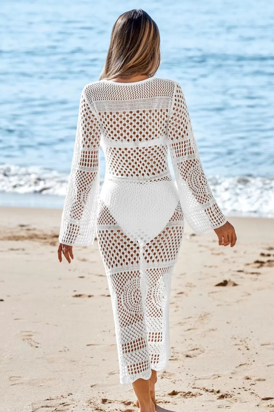 Cupshe Robe De Plage | Robe Longue*Cover Up Avec Col Rond Et Manches Longues En Crochet Mixi Blanc