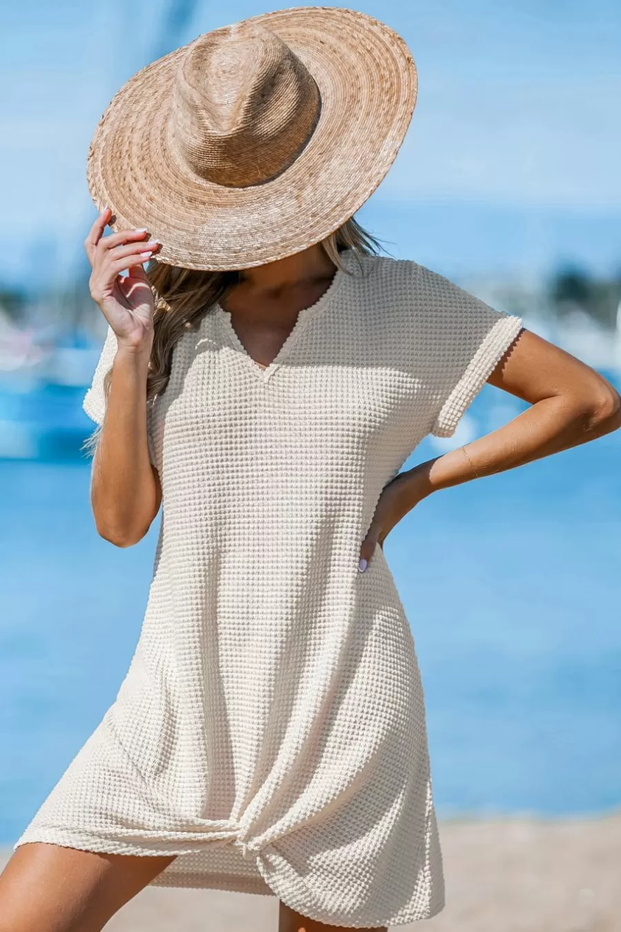 Cupshe Robe De Plage | Pulls & Gilets*Cover Up Court En Tricot Gaufré à Ourlet Torsadé Beige