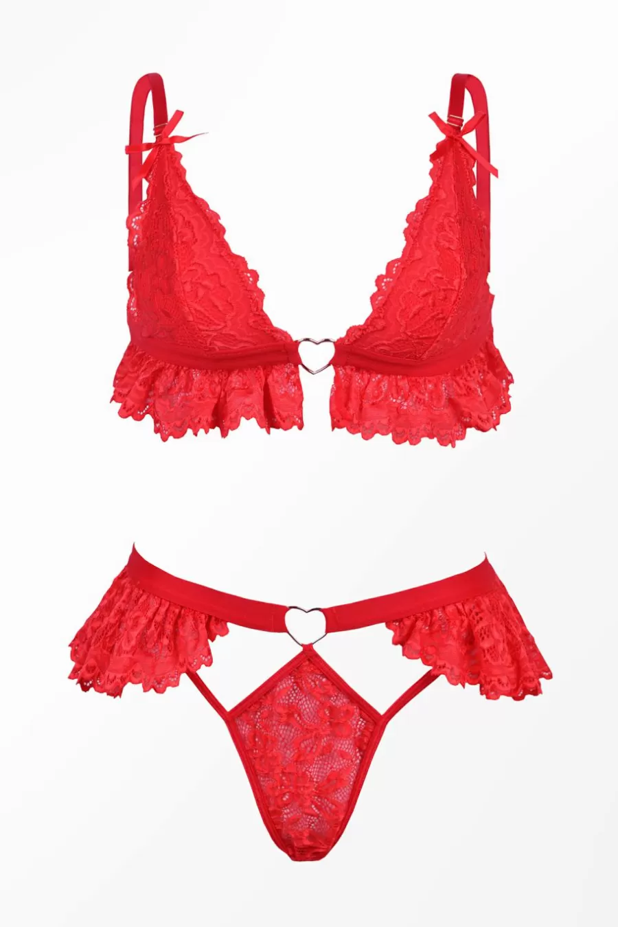 Cupshe Lingerie*Ensemble De Lingerie Avec Breloque En Cœur Et Culotte Rubis Rouge
