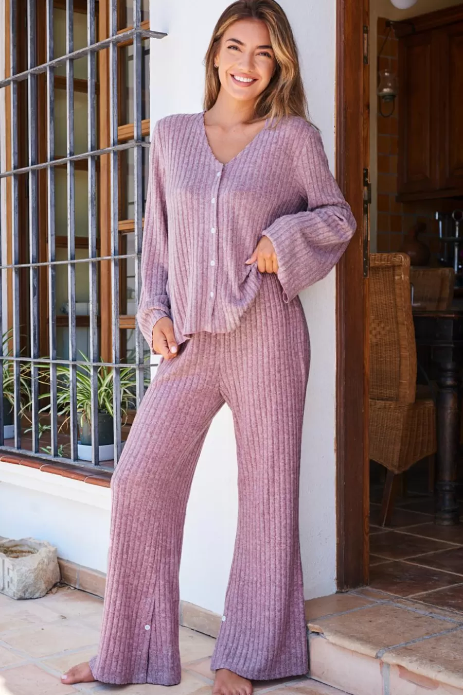 Cupshe Pyjama*Ensemble Pyjama Côtelé Haut à Manches Longues Et Pantalon évasé Lavande Marron
