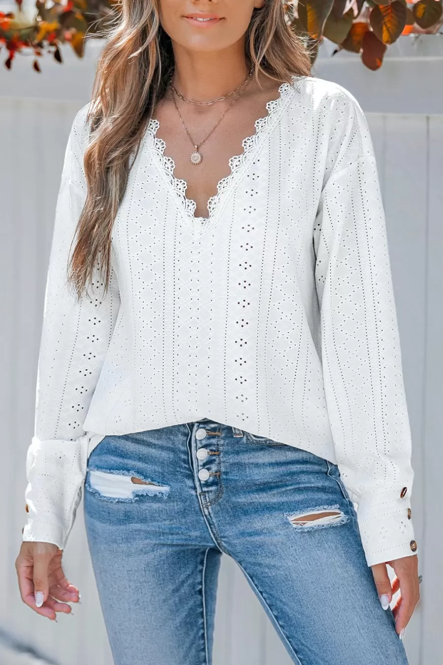 Cupshe T-Shirt & Débardeur | Chemise & Blouse*Haut à Col En Dentelle Et Manches Longues Avec œillets En Jersey Blanc