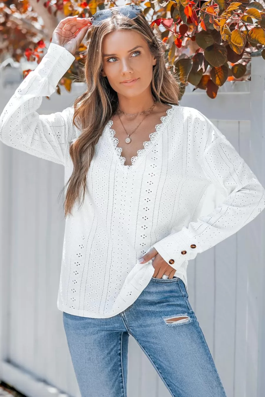 Cupshe T-Shirt & Débardeur | Chemise & Blouse*Haut à Col En Dentelle Et Manches Longues Avec œillets En Jersey Blanc