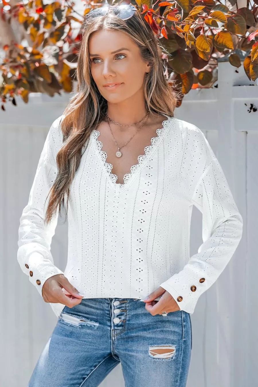 Cupshe T-Shirt & Débardeur | Chemise & Blouse*Haut à Col En Dentelle Et Manches Longues Avec œillets En Jersey Blanc