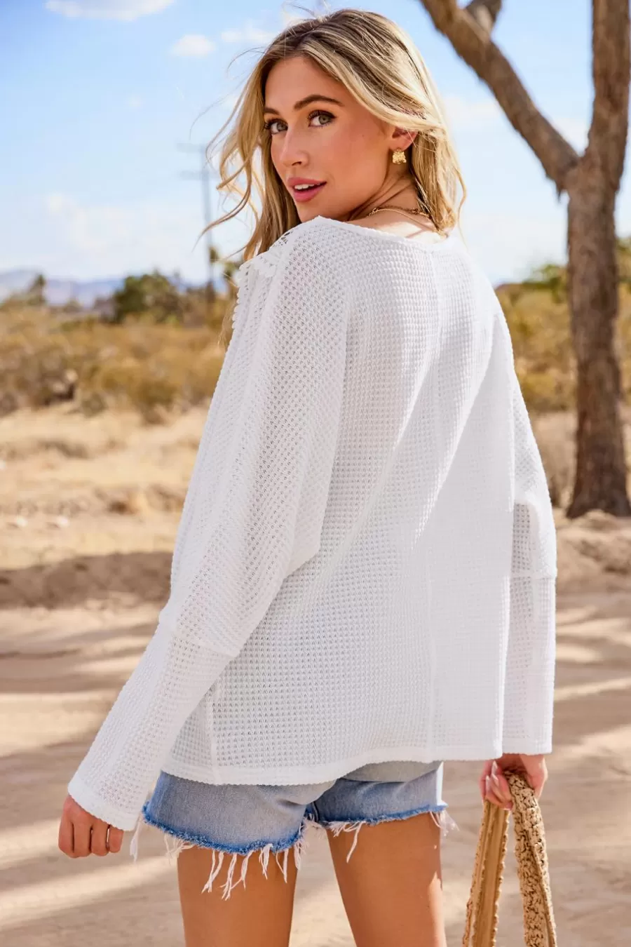 Cupshe T-Shirt & Débardeur | Chemise & Blouse*Haut à Col En V En Tricot Gaufré Avec Garniture Dentelle Blanc