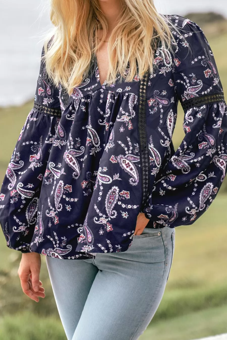 Cupshe T-Shirt & Débardeur | Chemise & Blouse*Haut à Col En V Et Manches Bouffantes En Dentelle Paisley Violet